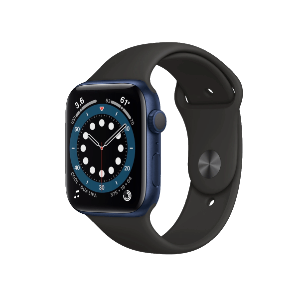 Refurbished Apple Watch Serie 6 44 mm Aluminium Bleu Bracelet Sport Noir GPS WiFi 4G Refurbished.lu