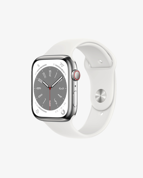 Refurbished Apple Watch Serie 8 | 45mm | Stainless Steel Argent | Bracelet Sport Blanc | GPS | WiFi + 4G